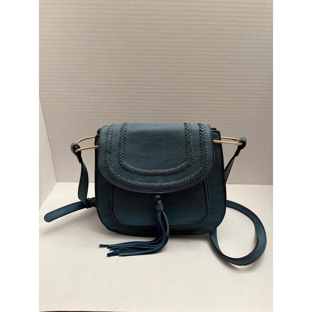 Boho Blue Braided Tassel Crossbody Bag Faux Leather Saddle Handbag Gold Hardware